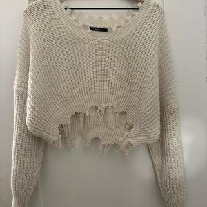 Zara Cream Distressed Knit Sweater